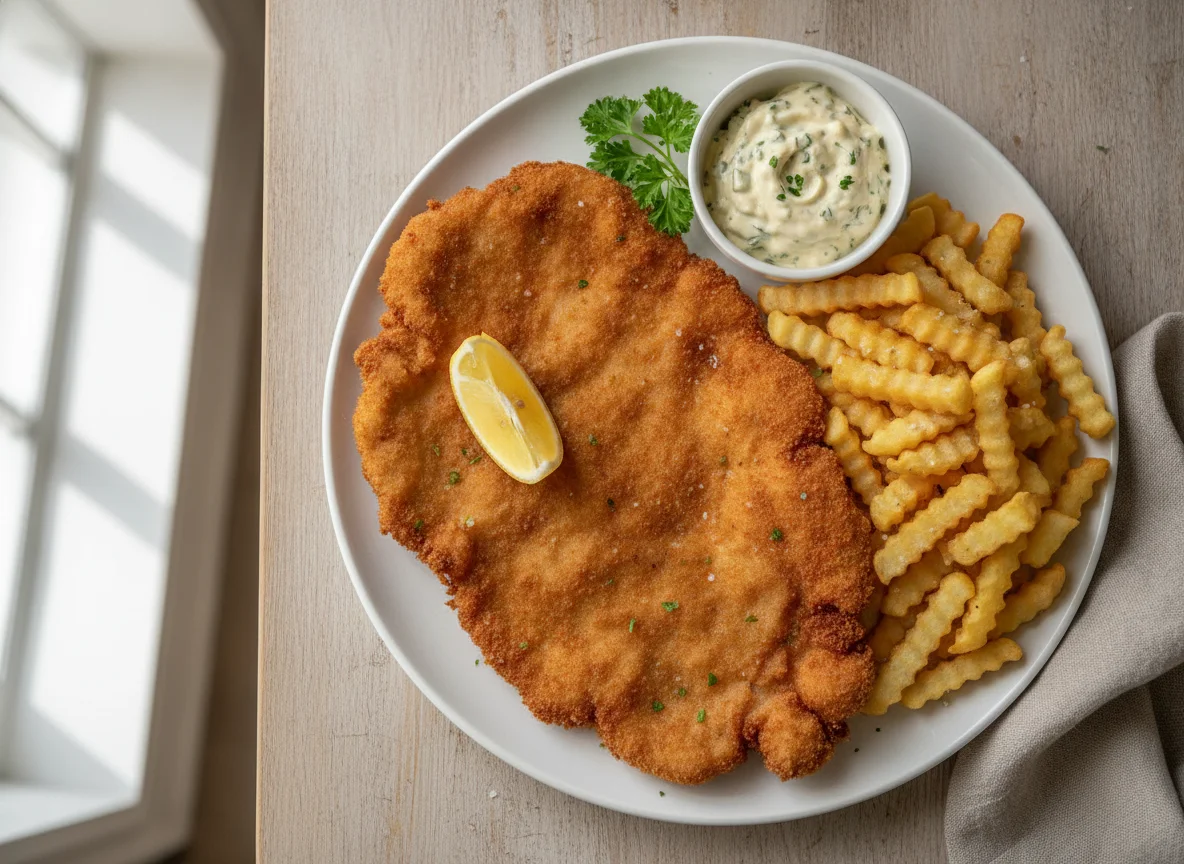 Schnitzel mit Pommes und Remoulade photo