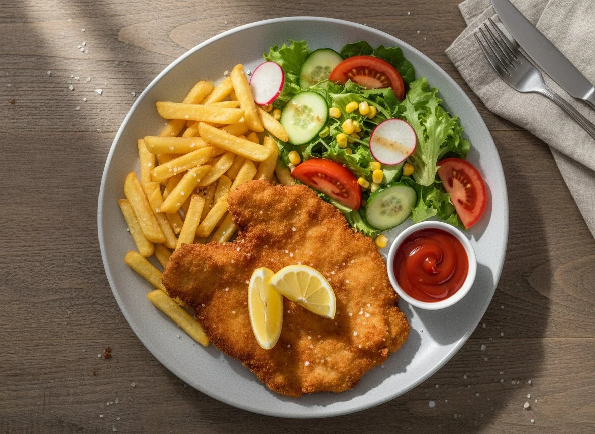 Schnitzel mit Pommes und Salat photo