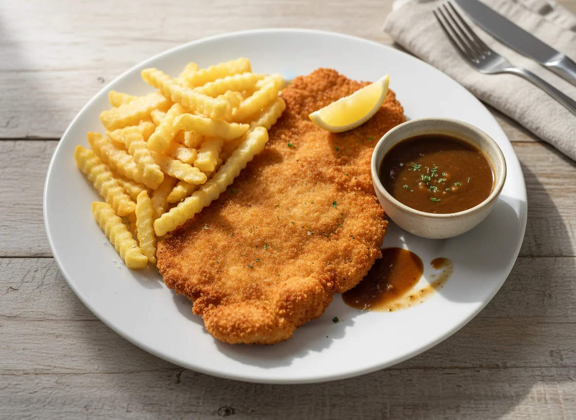 Schnitzel mit Pommes und Soße photo