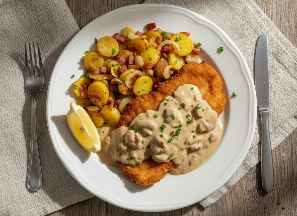 Schnitzel mit Rahmsauce und Bratkartoffeln photo