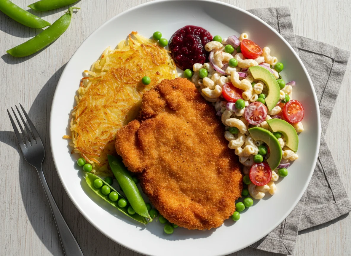 Schnitzel mit Rösti, Erbsen und Nudelsalat photo