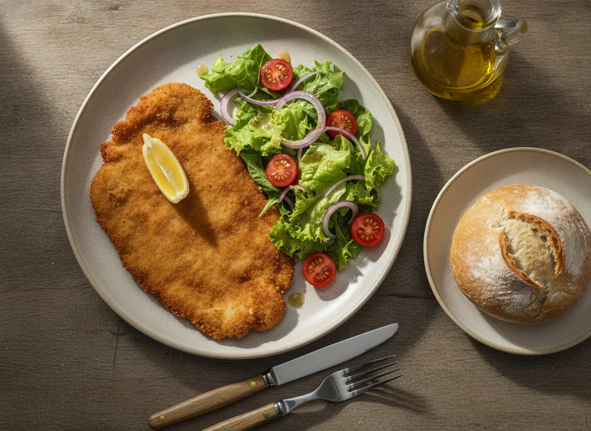 Schnitzel mit Salat und Brötchen photo
