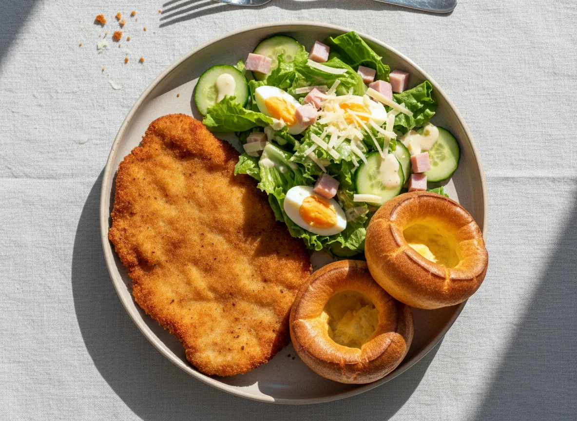 Schnitzel mit Salat und Yorkshire Puddings photo