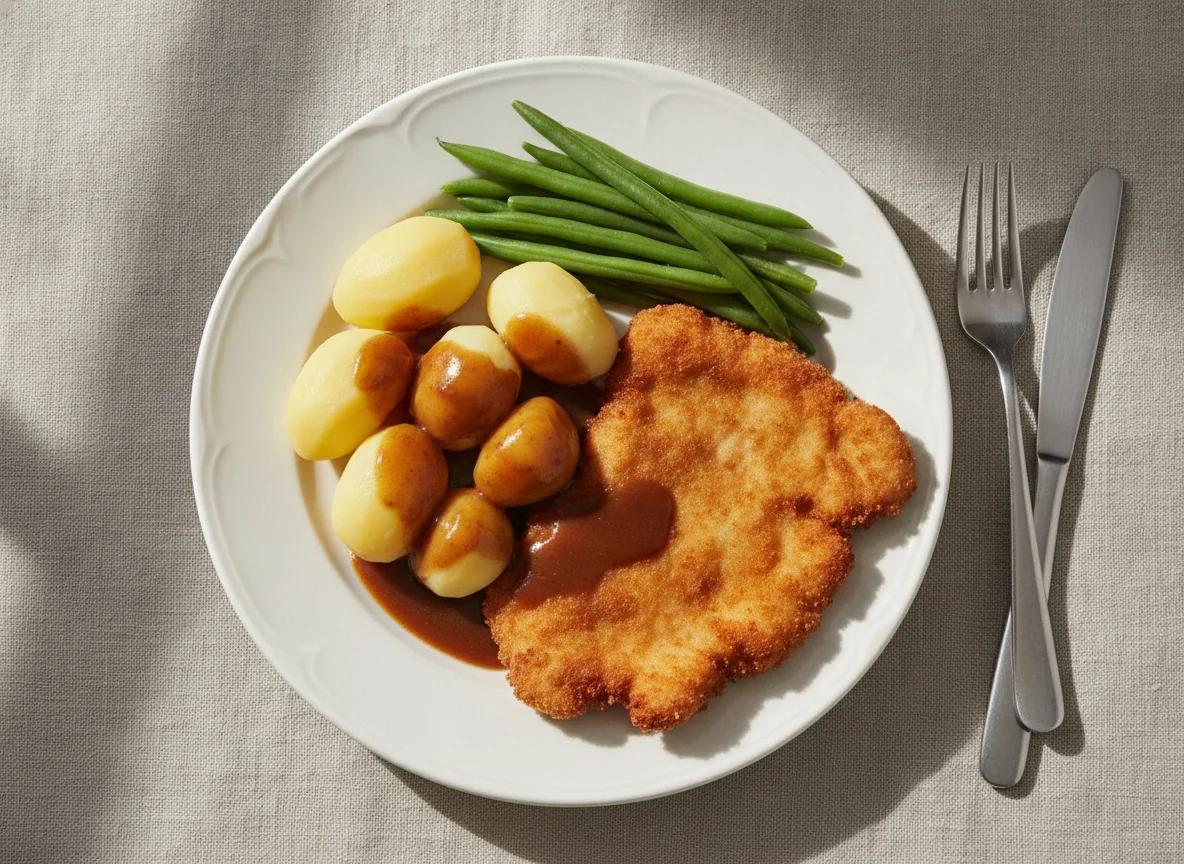 Schnitzel mit Salzkartoffeln, grünen Bohnen und Bratensoße photo