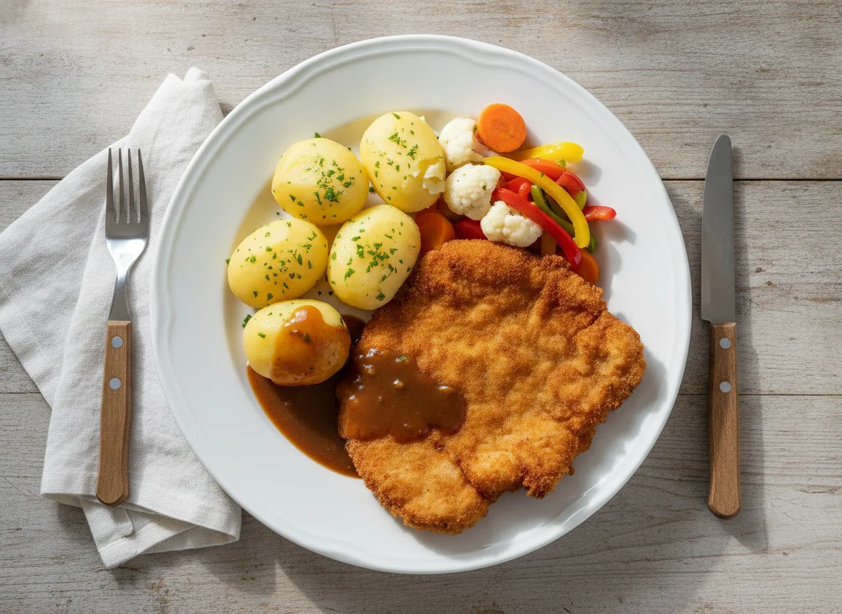 Schnitzel mit Salzkartoffeln, Mischgemüse und Bratensoße photo