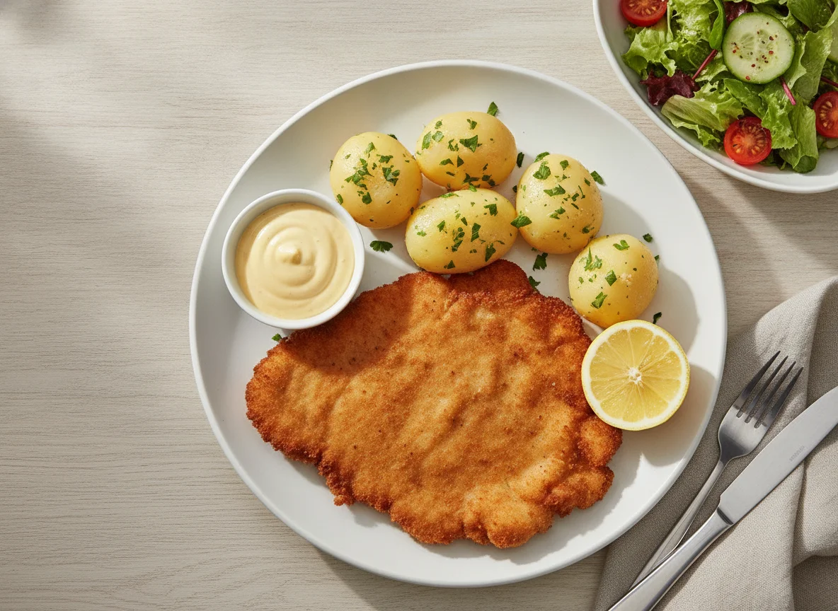 Schnitzel mit Salzkartoffeln, Sauce Hollandaise und Beilagensalat photo