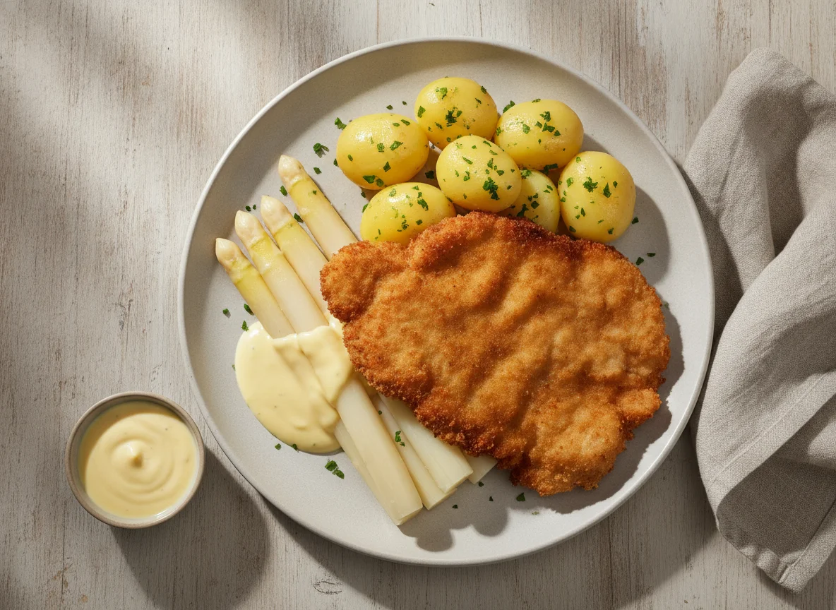 Schnitzel mit Salzkartoffeln, Spargel und Sauce Hollandaise photo