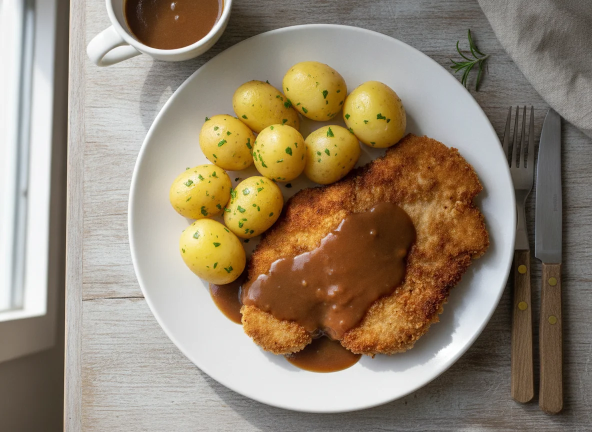 Schnitzel mit Salzkartoffeln und Bratensoße photo