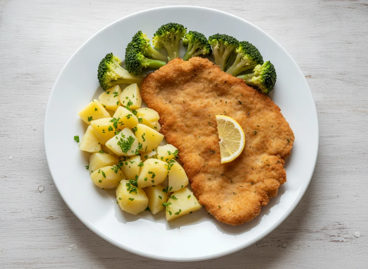 Schnitzel mit Salzkartoffeln und Brokkoli photo