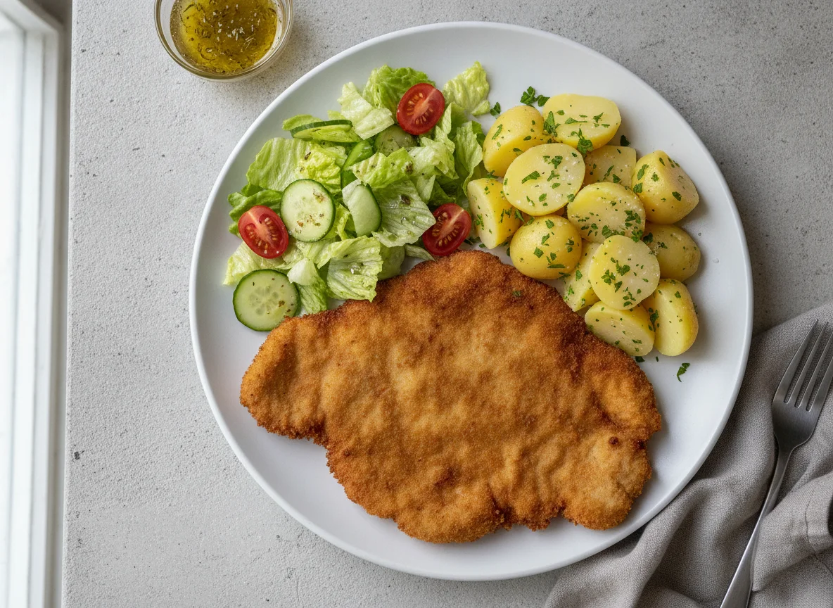 Schnitzel mit Salzkartoffeln und gemischtem Salat photo