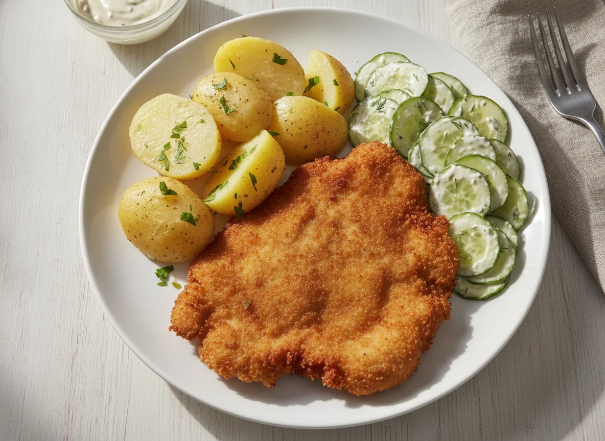 Schnitzel mit Salzkartoffeln und Gurkensalat photo