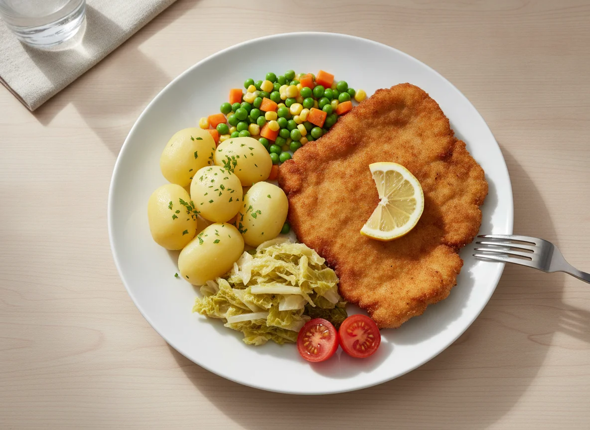 Schnitzel mit Salzkartoffeln und Mischgemüse photo