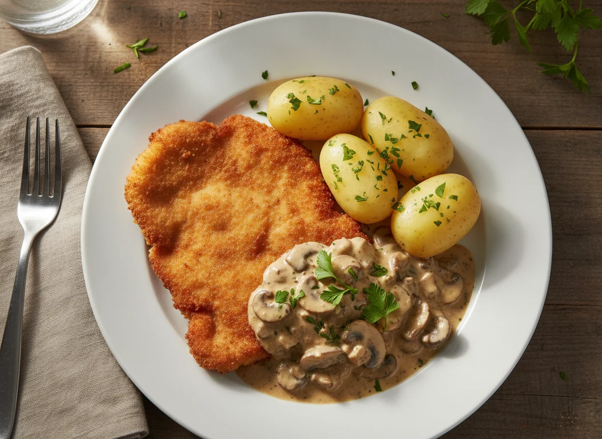 Schnitzel mit Salzkartoffeln und Pilzrahmsoße photo