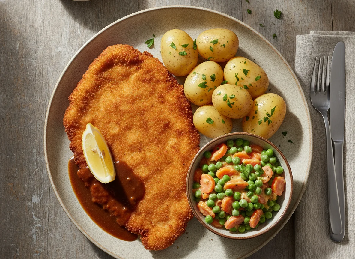Schnitzel mit Salzkartoffeln und Rahmgemüse photo