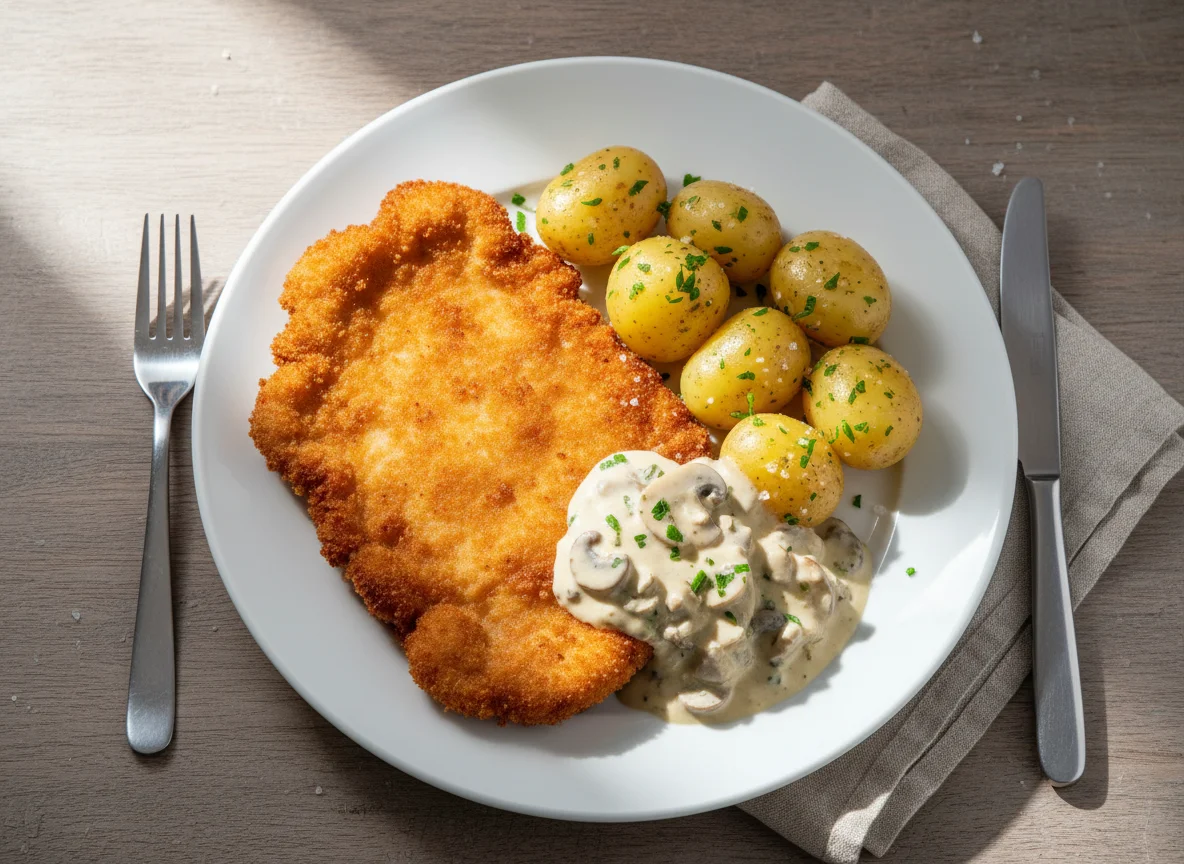 Schnitzel mit Salzkartoffeln und Rahmsauce photo