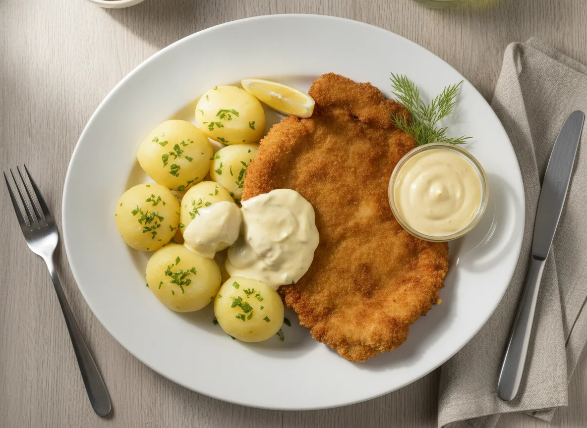 Schnitzel mit Salzkartoffeln und Sauce Hollandaise photo