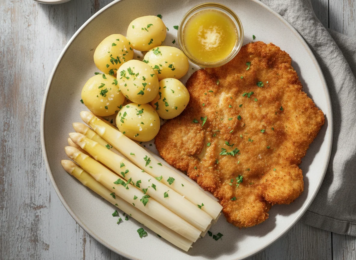 Schnitzel mit Salzkartoffeln und weißem Spargel photo
