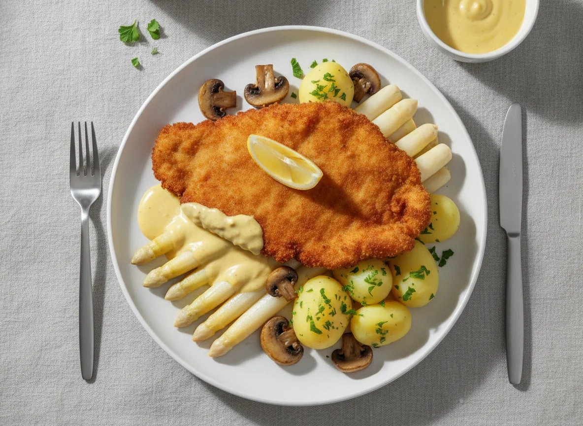 Schnitzel mit Spargel, Kartoffeln und Sauce Hollandaise photo
