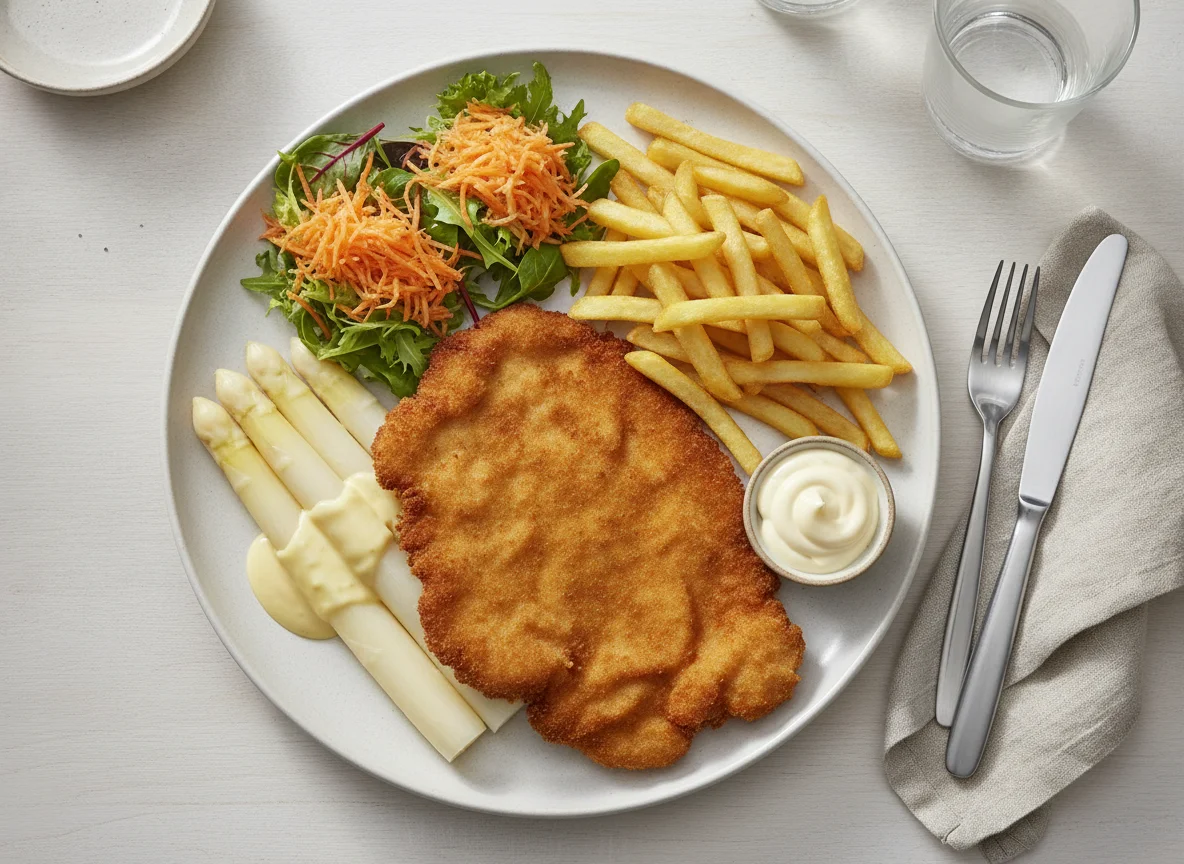 Schnitzel mit Spargel, Pommes und Sauce Hollandaise photo