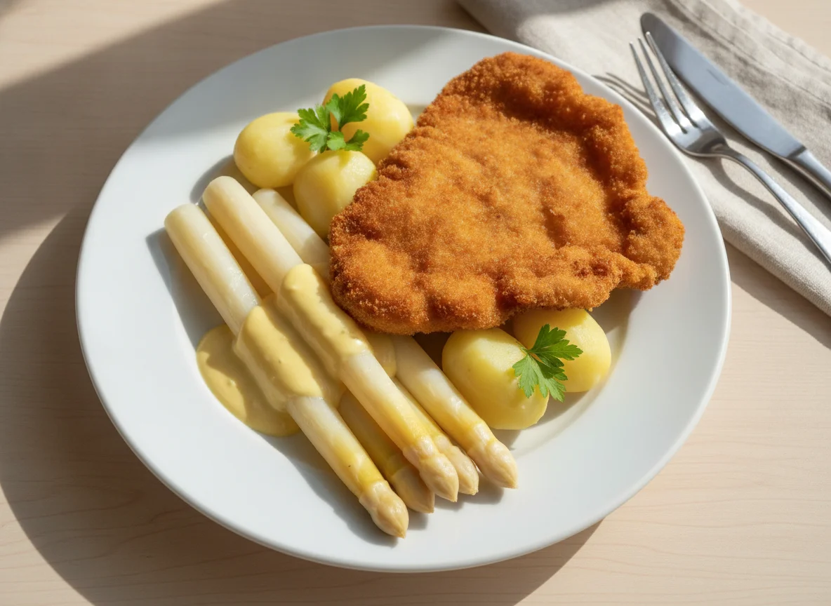 Schnitzel mit Spargel, Salzkartoffeln und Sauce Hollandaise photo