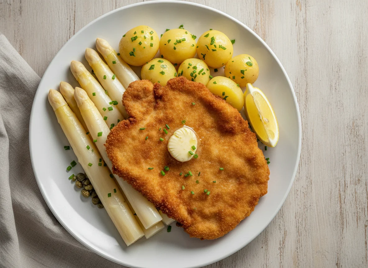 Schnitzel mit Spargel und Salzkartoffeln photo