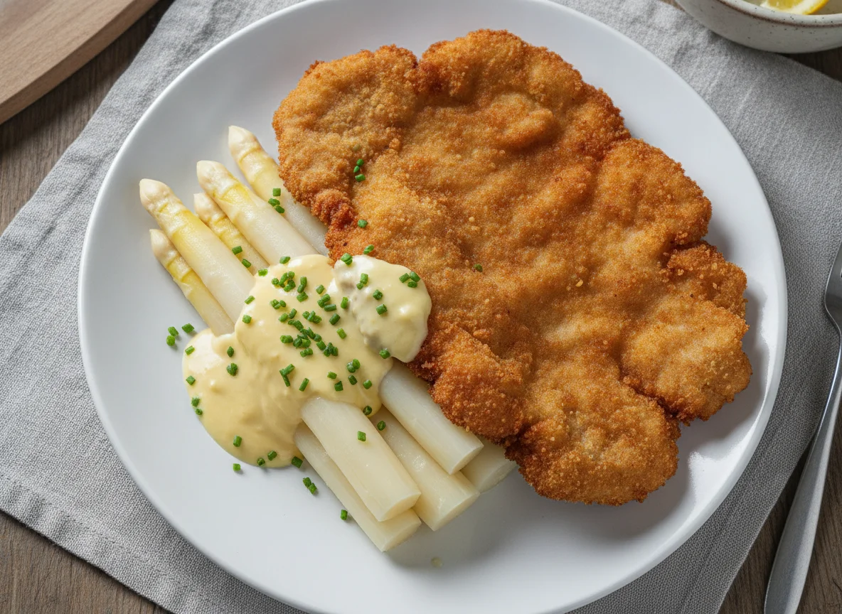 Schnitzel mit Spargel und Sauce Hollandaise photo