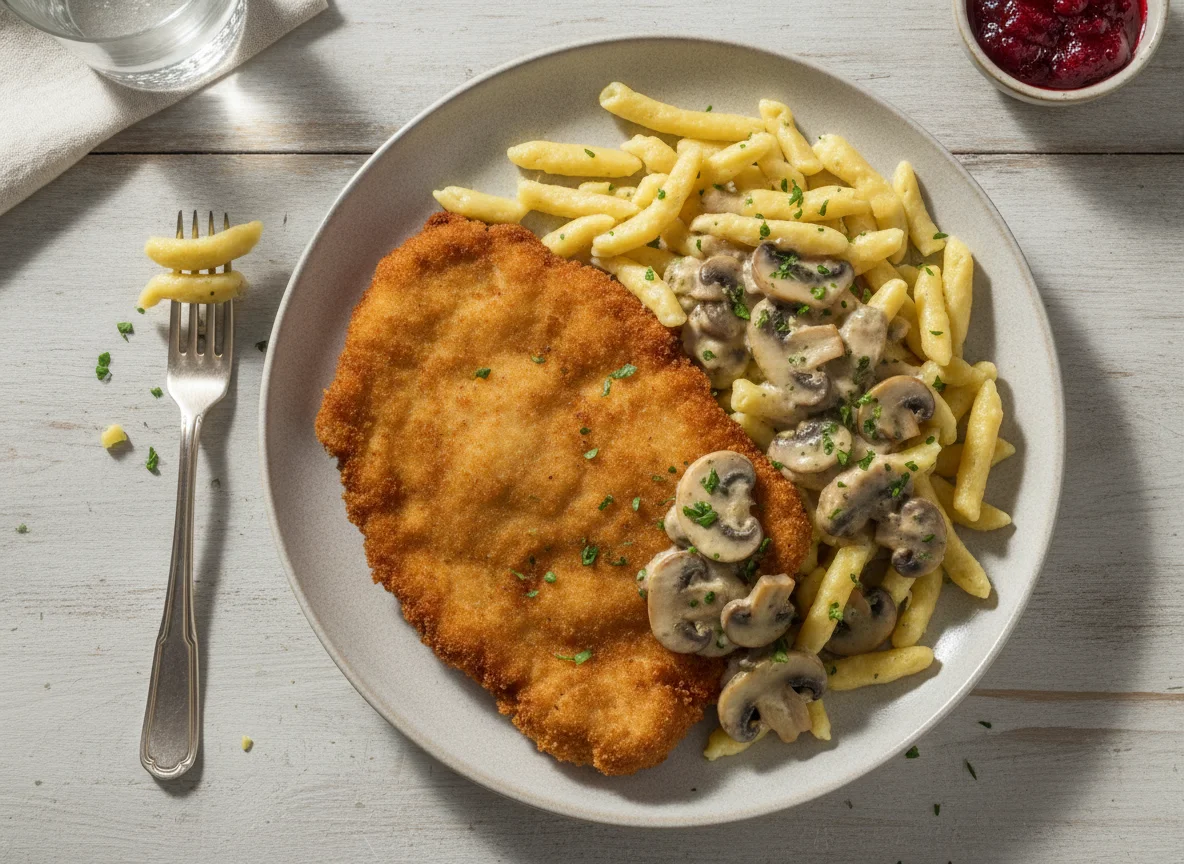 Schnitzel mit Spätzle und Pilzrahmsauce photo