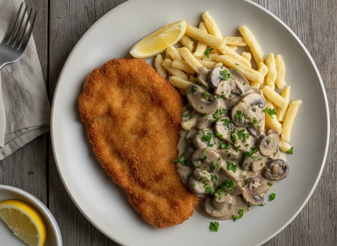 Schnitzel mit Spätzle und Pilzrahmsoße photo