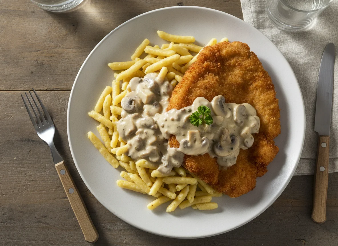 Schnitzel mit Spätzle und Rahmsauce photo