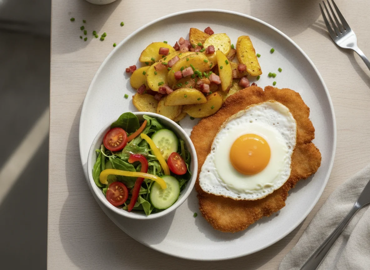 Schnitzel mit Spiegelei, Bratkartoffeln und Beilagensalat photo