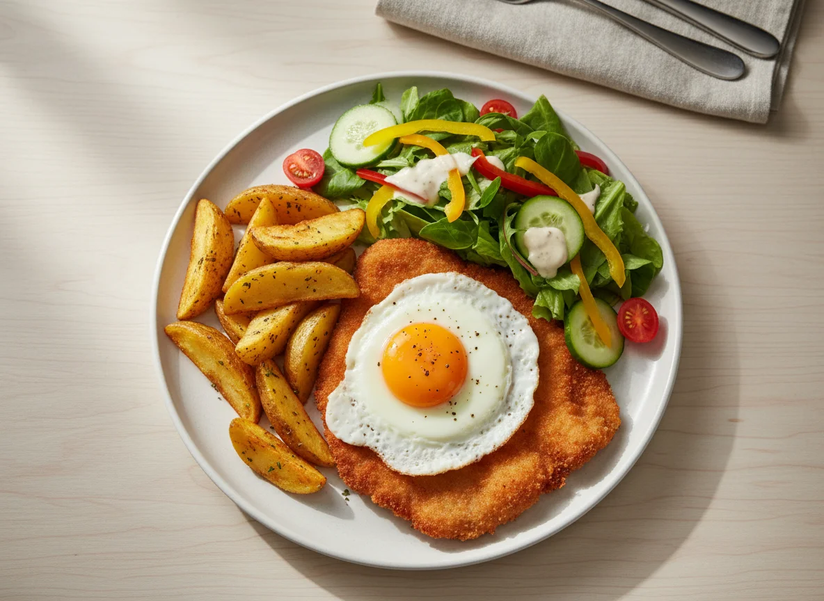 Schnitzel mit Spiegelei, Kartoffelspalten und Salat photo