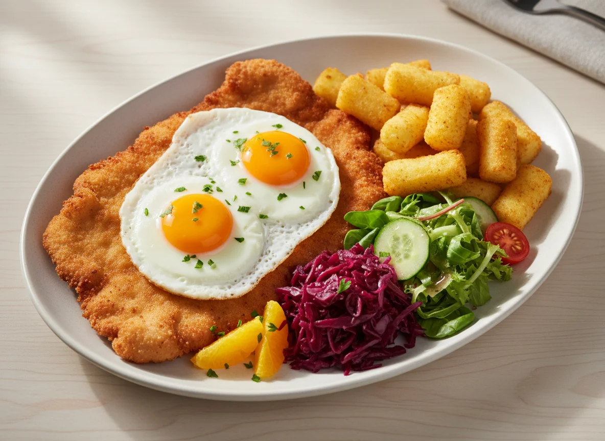 Schnitzel mit Spiegelei, Kroketten und Salat photo