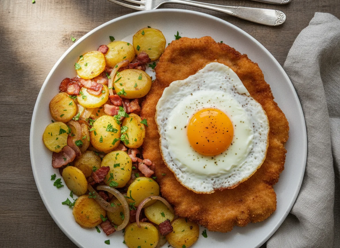 Schnitzel mit Spiegelei, Speck und Bratkartoffeln photo