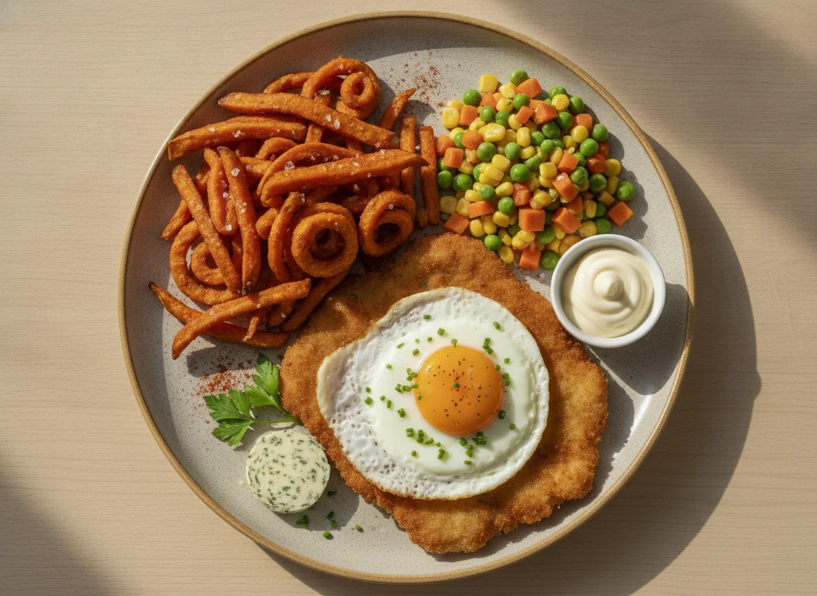 Schnitzel mit Spiegelei, Süßkartoffelpommes und Gemüse photo