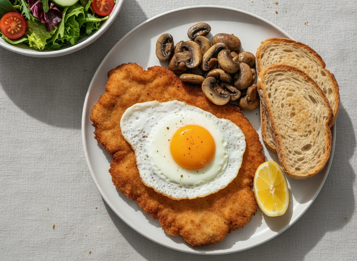 Schnitzel mit Spiegelei und Beilagen photo