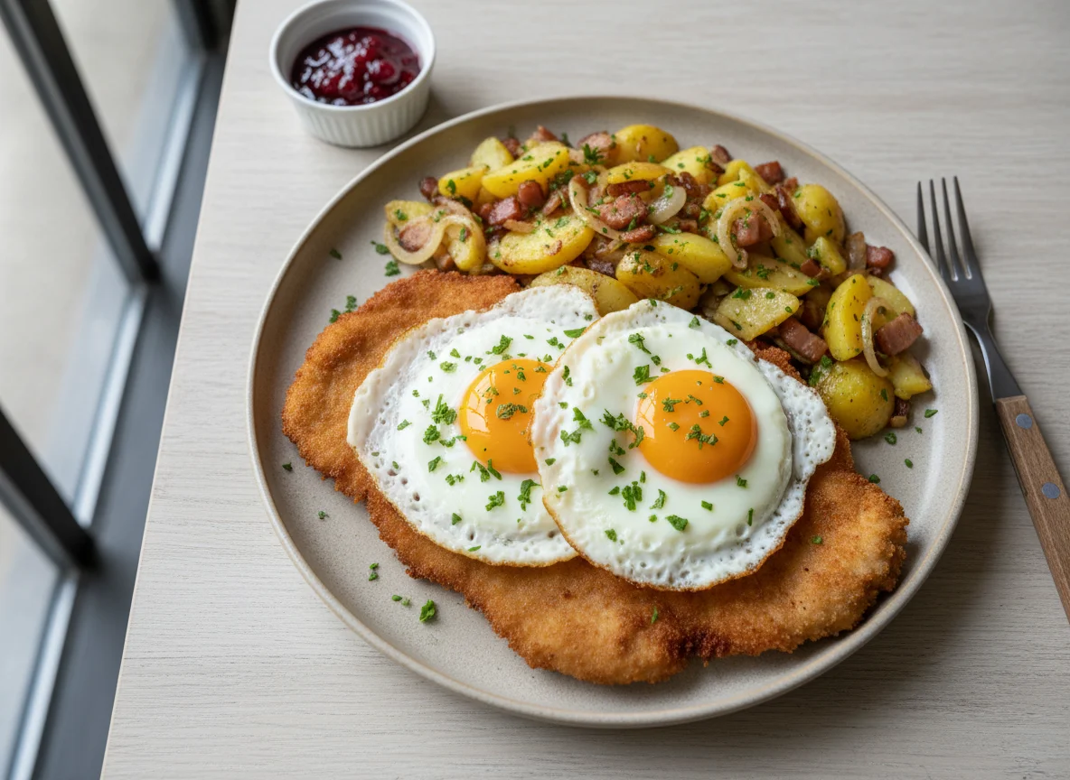 Schnitzel mit Spiegelei und Bratkartoffeln photo