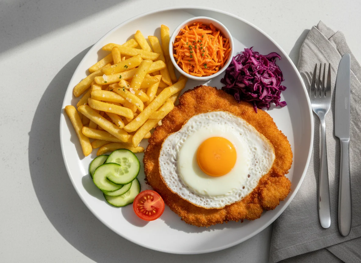 Schnitzel mit Spiegelei und Pommes Frites photo