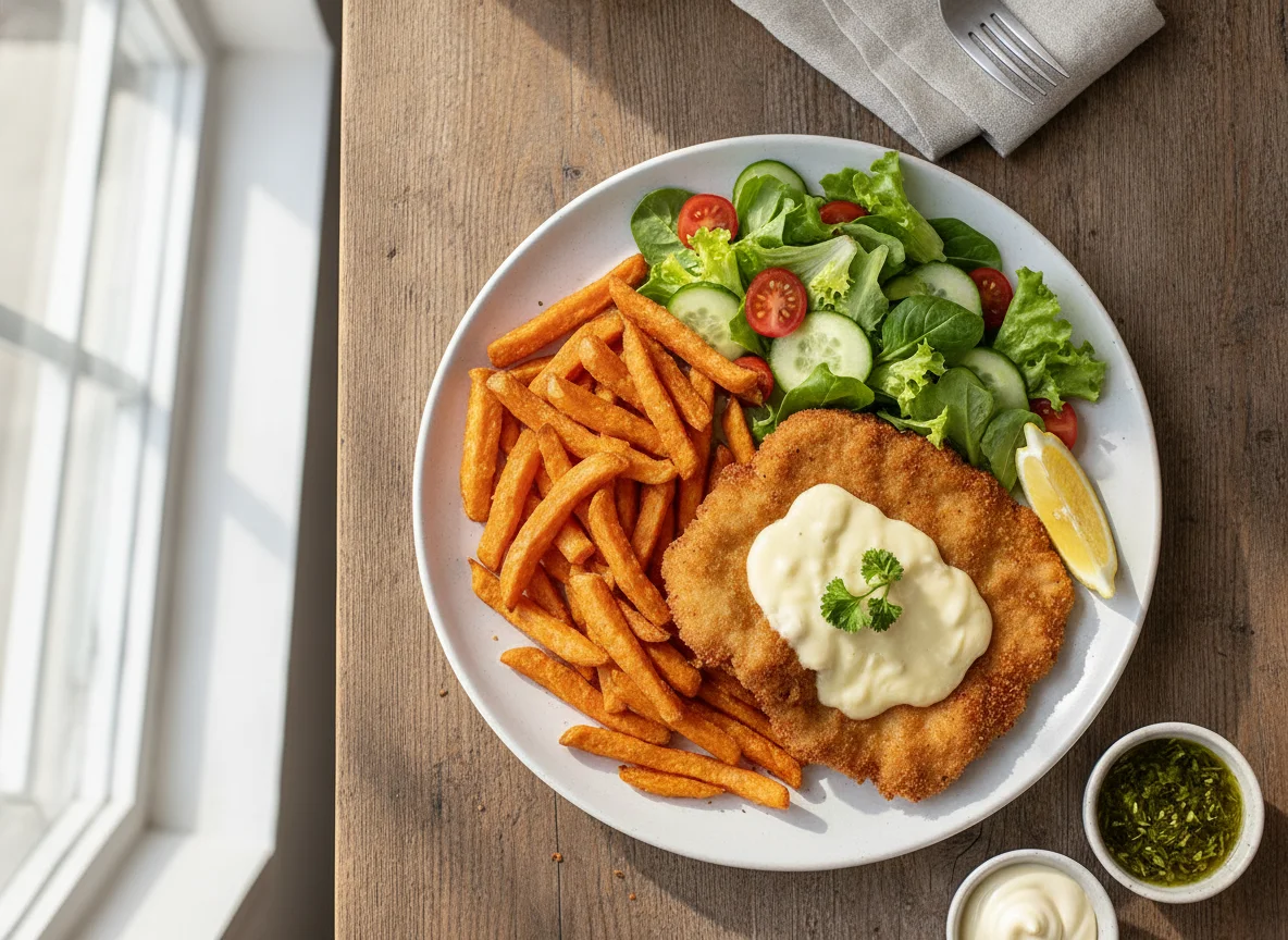 Schnitzel mit Süßkartoffelpommes und Beilagensalat photo