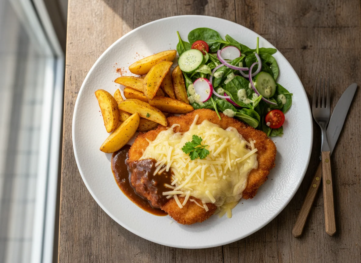 Schnitzel mit Wedges, Käse und Salat photo