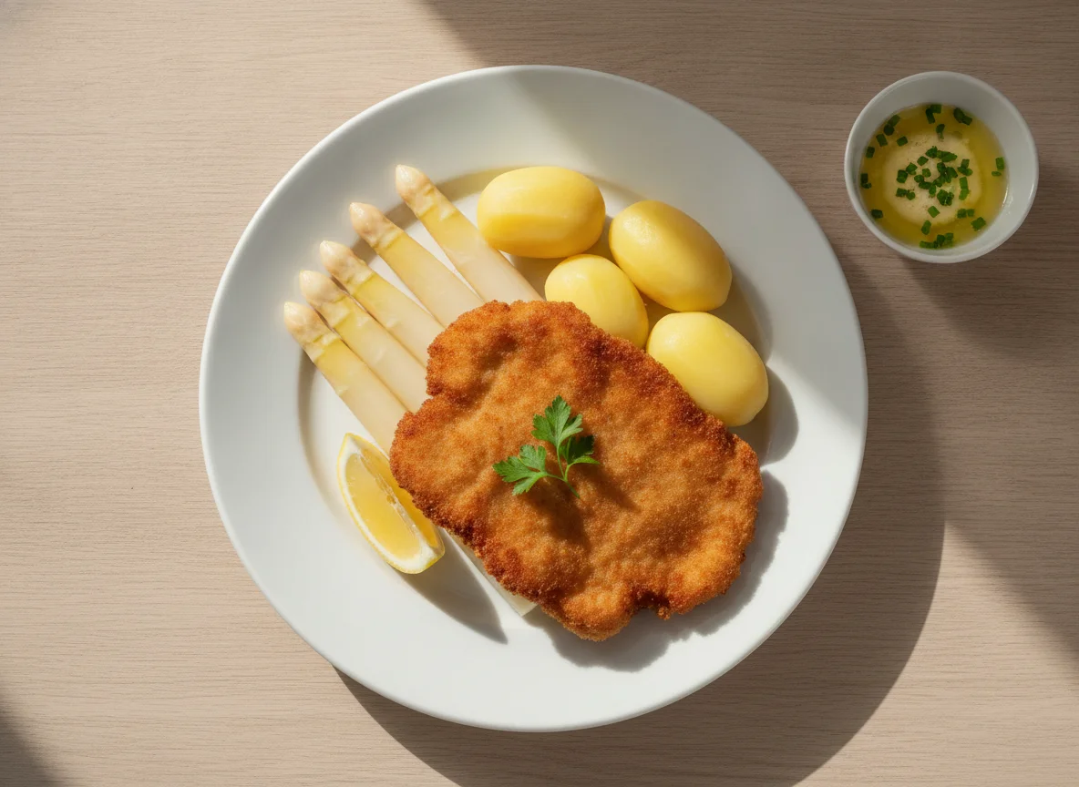 Schnitzel mit weißem Spargel und Salzkartoffeln photo