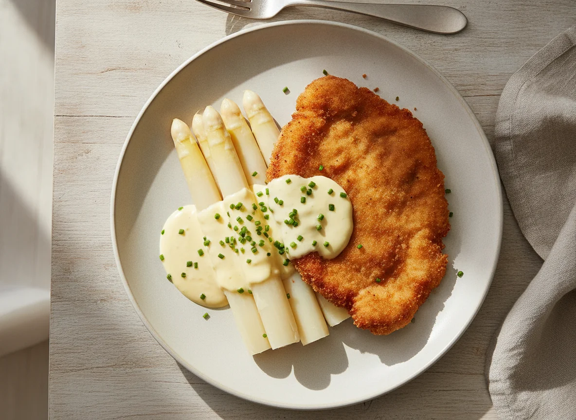 Schnitzel mit weißem Spargel und Sauce Hollandaise photo