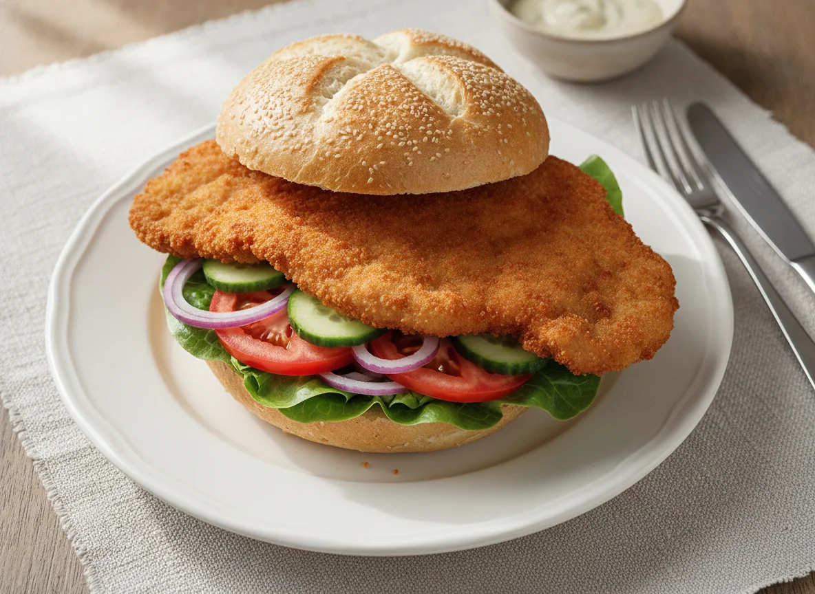 Schnitzelbrötchen mit Salat, Tomaten, Zwiebel und Gurke photo