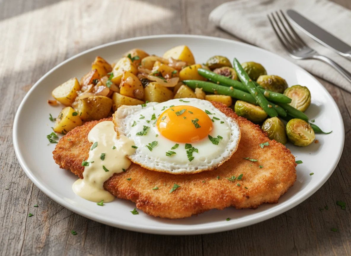 Schnitzelpfanne mit Spiegelei und Sauce Hollandaise photo