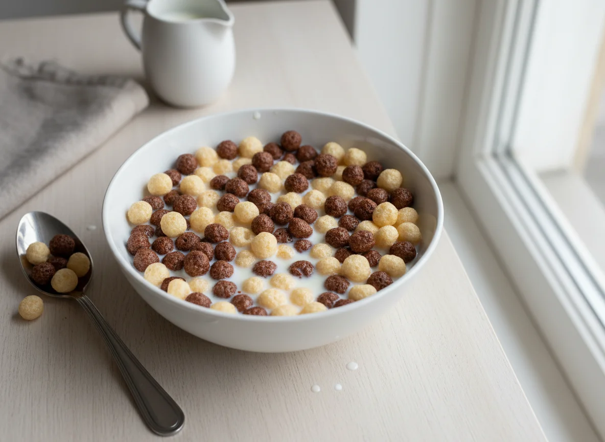 Schoko- und Vanille-Cerealien mit Milch photo