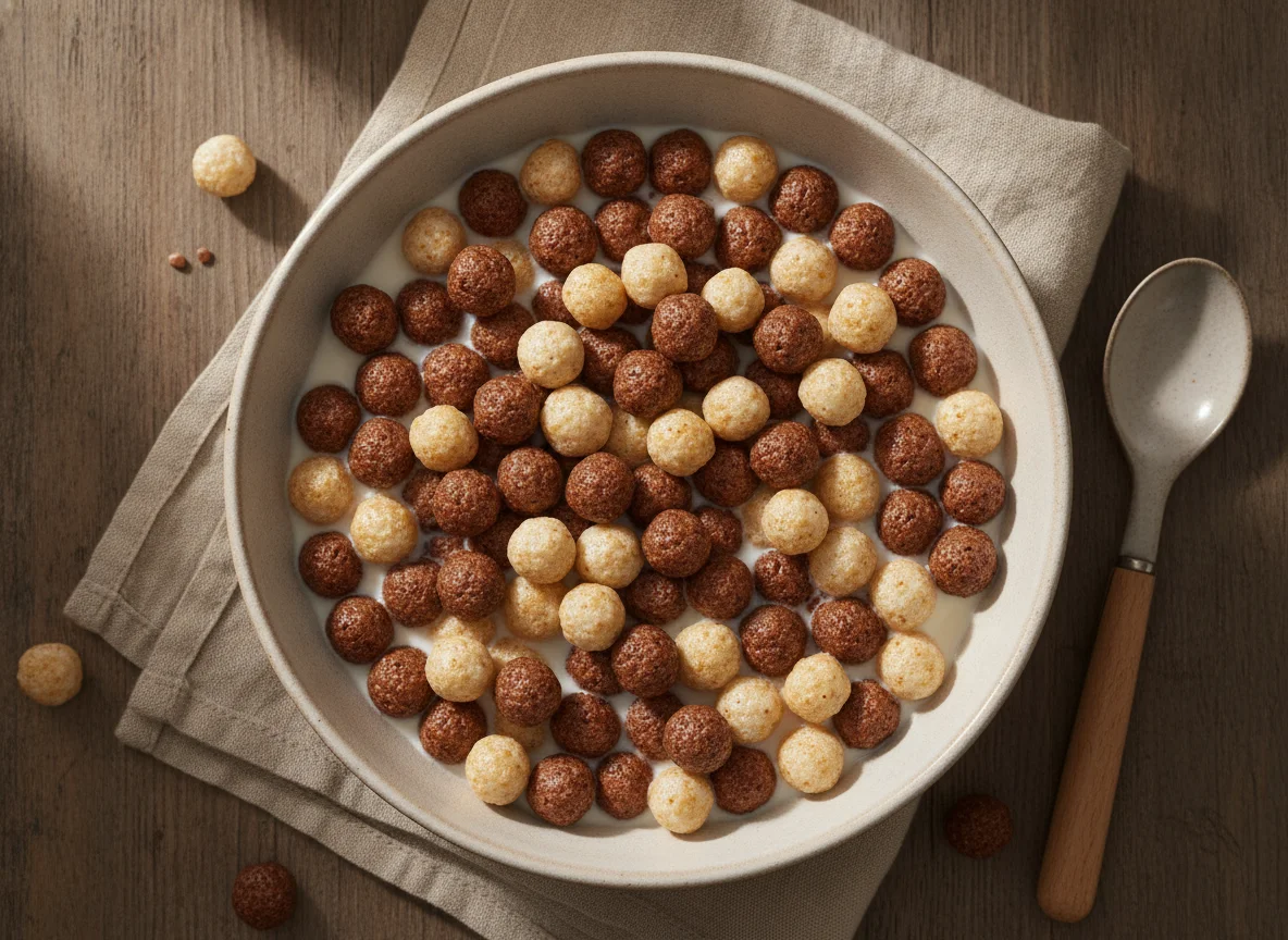 Schoko- und Vanille-Getreidebällchen mit Milch photo