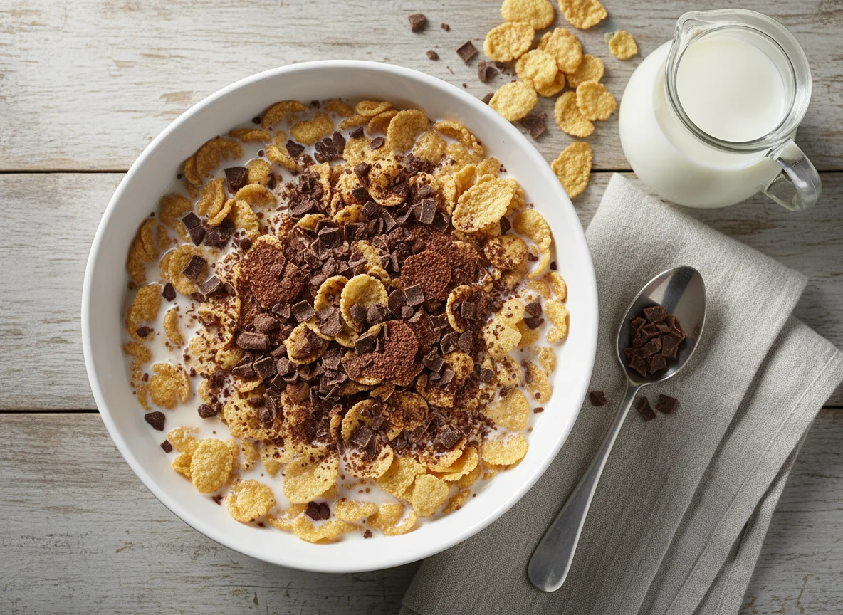 Schoko-Cornflakes mit Milch photo