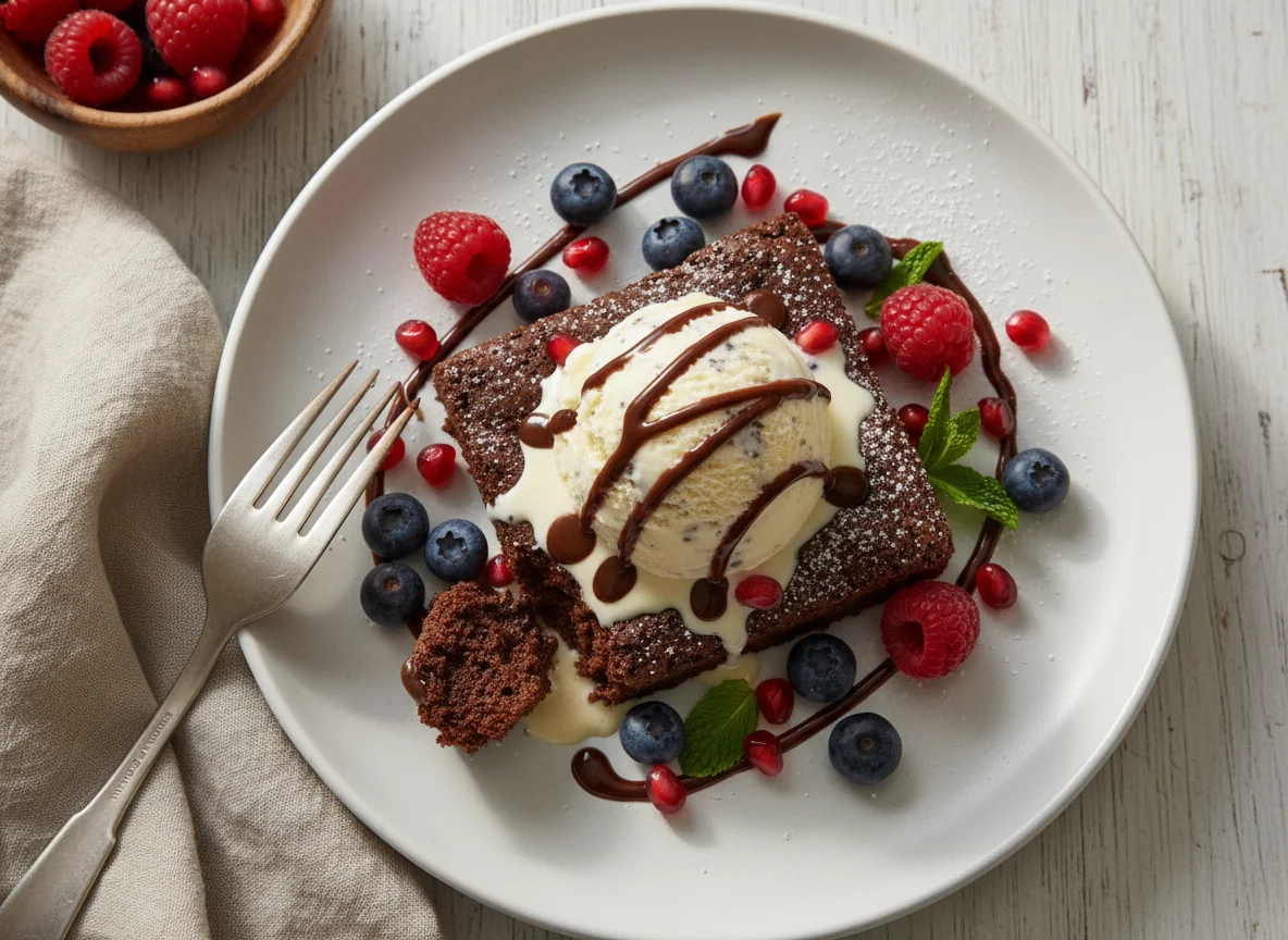 Schokoladenbrownie mit Vanilleeis und Beeren photo