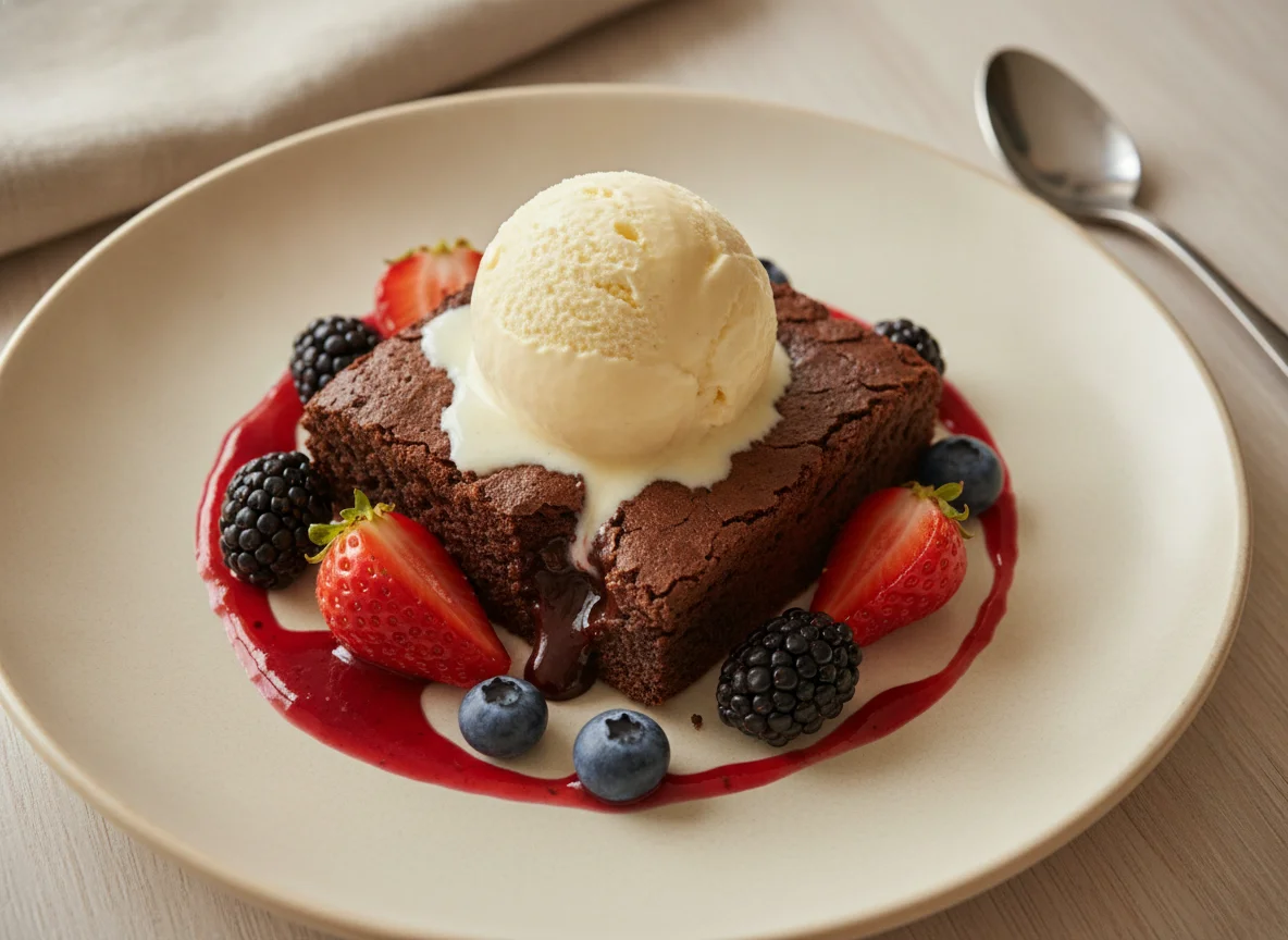 Schokoladen-Brownie mit Vanilleeis und Beeren photo