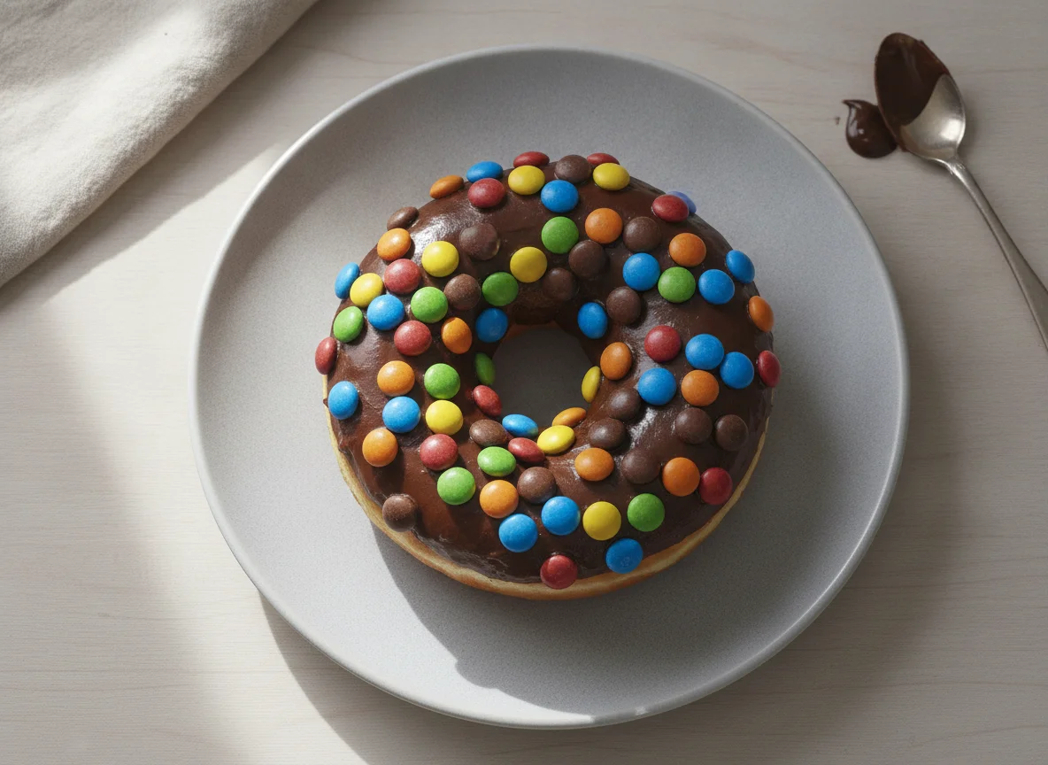 Schokoladen-Donut mit bunten Schokolinsen photo