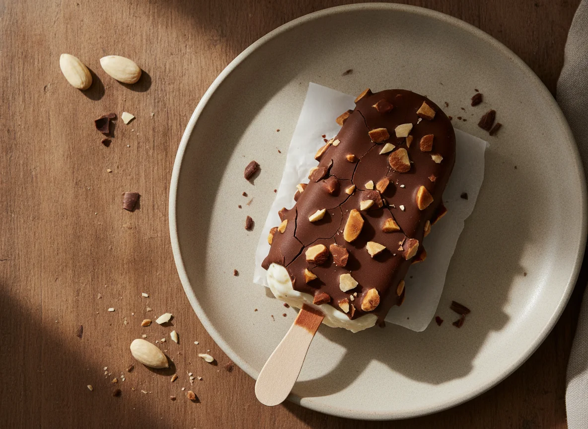 Schokoladen-Eis am Stiel mit Mandeln photo